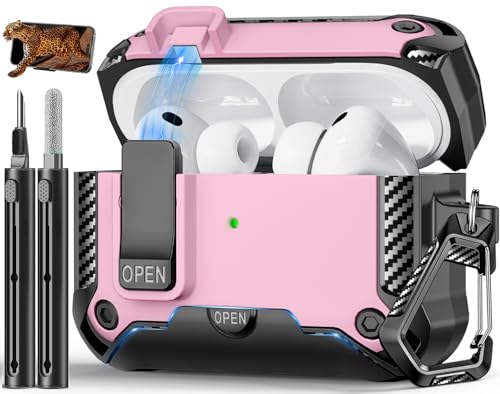 Image of for AirPods Pro 3 Case with Lock & Phone Stand(Pink) | Automatic Snap Switch Lock,Carbon Fiber Texture Design Cover with Cleaner Kit