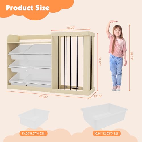Image of Naches Kids Toy Organizer and 4-Tier Montessori Bookshelf with 6 Bins, 3-in-1 Toy Shelves and Stuffed Animal Storage for Playroom, Nursery, Baby Room (Burlywood)