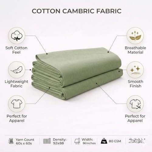 Image of Soimoi Green Solid 60 * 60's Cotton Cambric Fabric by 3 Yards, 56 Inch Wide Light Weight Material Suitable for Kurtis, Blouses, Kids Clothing, Tunics, Dresses and Summer Apparel
