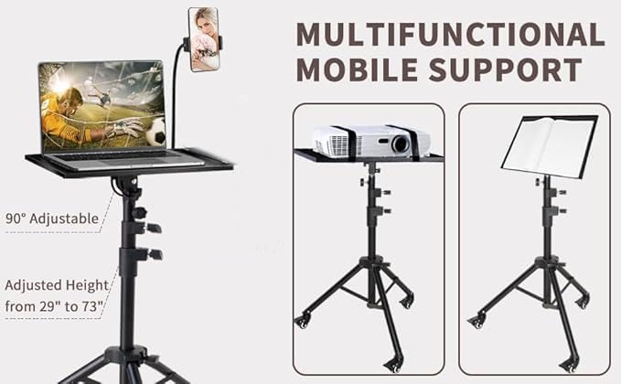 Image of Metal PW5 Wheel Projector Tripod Stand, Laptop /Mobile stand, Portable Height up to 5 feet Tiltable Rolling Laptop with Phone Holder, DJ,Office Multi-Purpose