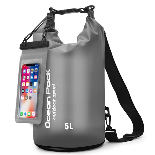 KUOGAS Bolsa Estanca Impermeable con Bolsa Impermeable Móvil & Correas – Mochila Impermeable para Outdoor, Camping & Deportes Acuáticos | 5L, 10L, 20L | Bolsa Playa Impermeable (Negro, 5 L)