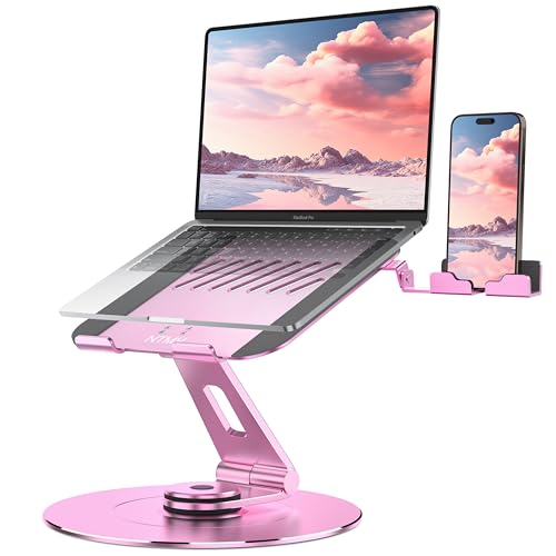 Image of NTMY 360 Rotating Laptop Stand with Phone Holder,Laptop Stand for Desk Adjustable Height Foldable,【Largest Base】 Aluminum Laptop Riser Fits MacBook, Dell, HP, Acer,Lenovo,(10-17.3'')-Pink