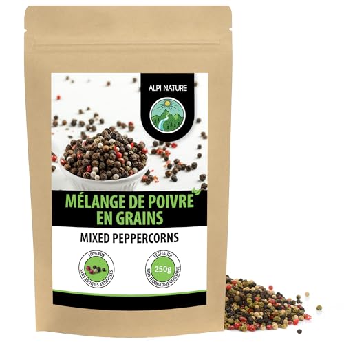 Alpi Nature Poivre Baies en Grain Mélange 250g, Grains de Poivre Entiers Noir, Blanc, Rose et Vert