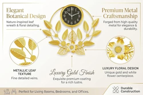 Image of Arcanine Silent Wall Clock Decor Creative Metal Leaf Design Large Wall Clocks Battery Operated Non Ticking Decoration Mute Wall Clock for Living Room (AR-12)