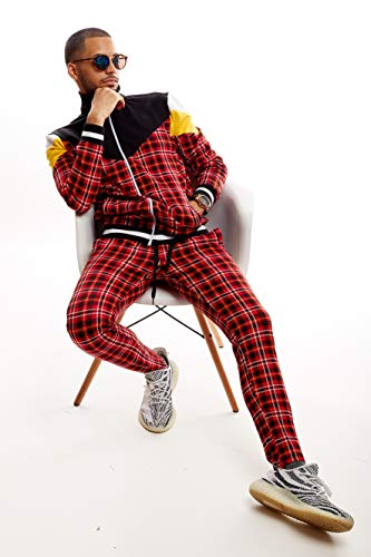 Screenshotbrand-P11957 Mens Hip Hop Premium Slim Fit Track Pants - Athletic Jogger Checker Pattern Color Block Print Bottoms-Red/Plaid-3Xlarge #TOP3