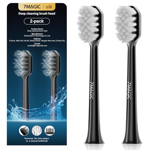 7MAGIC Model D36 Electric Toothbrush Replacement Brush Heads for Deep Cleaning, Durable and Effective, 2-Pack (Black)