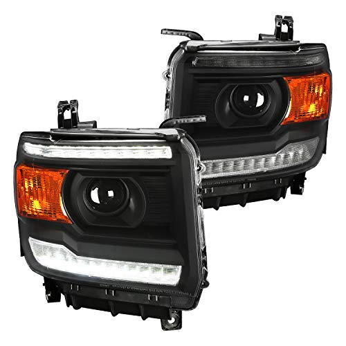 Spec-D Tuning Black Housing Clear Lens Projector Headlights w LED Compatible with GMC Sierra 1500 Base Denali SLE SLT 2014-2018, 15-19 Sierra 2500HD 3500HD, L+R Pair Head Light Lamp Assembly