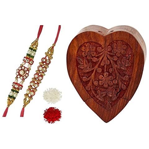 Purpledip Bhai Dooj Rakshabandhan Set For Brother : Heart Shaped Wooden Mystery Box With 2 Rakhi Bracelets & Roli Chawal (rakhi65) Cover