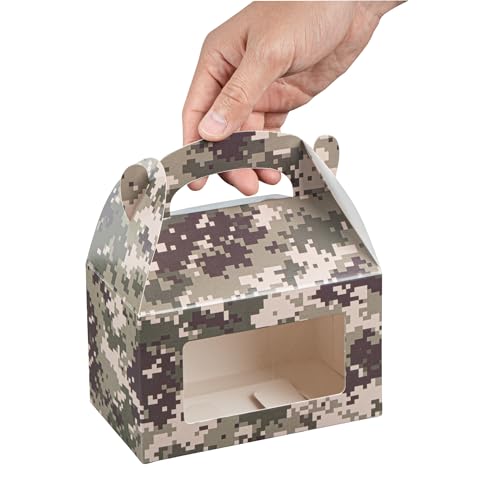 Restaurantware RWA1224BRG-25 Bio Tek 6 X 3.5 X 3.5 Inch Gable Boxes For Party Favors, 25 Attractive Gift Boxes - Camouflage Print, Built-In Handle, Paper Barn Boxes thumb #3