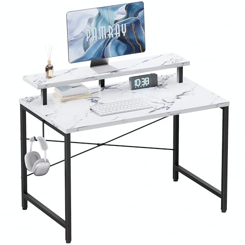Image of Pamray 32 Inch Small Computer Desk with Monitor Stand, Simple Office Desk with Headphone Hook for Small Spaces, Kids Study Writing Table for Bedroom, Marble