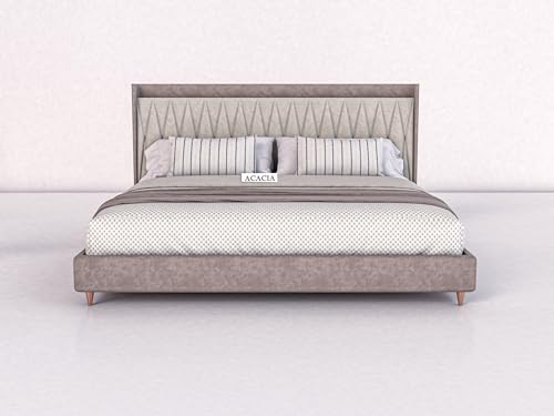 Image of Acacia Modern Upholstered King Size Bed for Bedroom | Wooden Double Bed | Platform Cot Bed with Upholstery Premium Fabric | 6.5 x 6 Ft | Sheesham Solid Wood (Rosewood, Browndust)