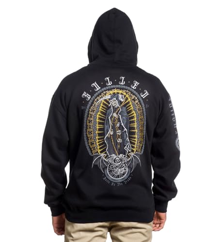 Sullen Men's Patron Saint Ultra Heavy Tattoo Lifestyle Graphic Long Sleeve Pullover Hooded Fleece Sweatshirt Black