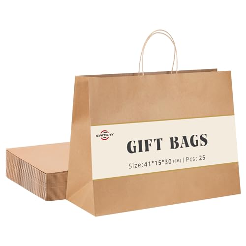 Switory Bolsa de papel Kraft de 25 piezas con asas, bolsa grande de regalo de compras marrón de 40x15x30cm con asas retorcidas para fiesta, embalaje, personalización, transporte, venta al por menor