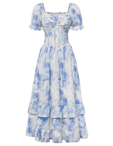 Scarlet Darkness Women Floral Cottagecore Dress Puff Sleeve Maxi Ruffled Corset Dress White Blue Floral XXL