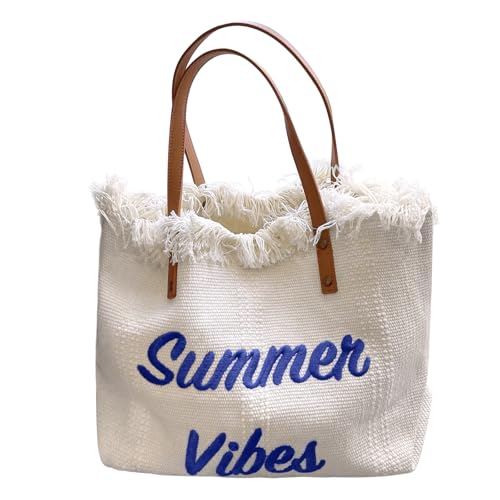Image of Women Large Beach Canvas Tote Bag Summer Vibes Beach Bag Big Capacity Tassel Handbag