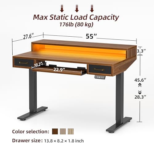 Image of TIQLAB Standing Desk with Two Drawers, Stand Up Standing Desk Adjustable Height, Electric Sit Stand Table with Storage Shelf and Splice Board, with LED Light, 55 * 28 inch, Black Walnut