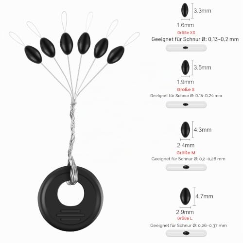 VIPMOON 600 Stück Gummistopper Angeln, 6 in 1 Gummi Positionierer für 0,13–0,37mm Angelschnur Forellen Stopper Angeln, Kleine Schwarze Stopper Angeln, Oval und Zylindrisch – Bild 2