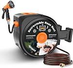Retractable Garden Hose Reel, 50ft x 1/2", Wall Mounted, 10-Pattern Nozzle | 180° Swivel Bracket, Any Length Lock, with Nozzle Set, for Garden Watering, Car Washing & Patio Cleaning