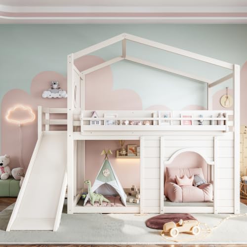 Image of Bellemave Bunk beds Twin Over Twin with Slide,Bookshelf and Wardrobe House roof Design, Low bunk /loft Bed for Kids,Beige