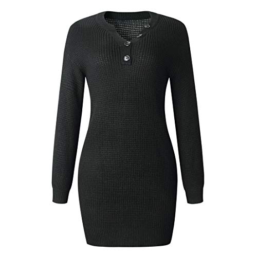 Preisvergleich Produktbild Damen Pulloverkleid Einfarbig Sexy V Ausschnitt Knopf Strickkleid Sweater Oberteile Sweatshirt Lang Slim Fit Moderne Bequem Leichtes Party Tops S