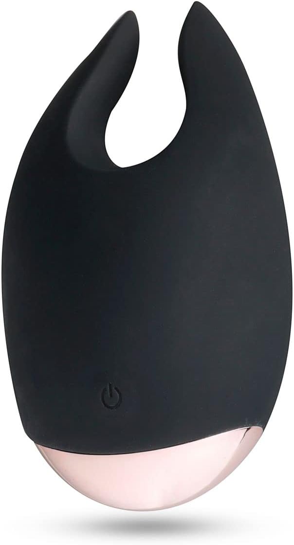 Black clitoral vibrator with a rose gold base and a power button.