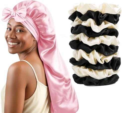 Long Hair Bonnet for Women, XL Silky Satin Sleeping Cap with Tie Band for Braids Curly Hair, Includes 10PCS Scrunchies