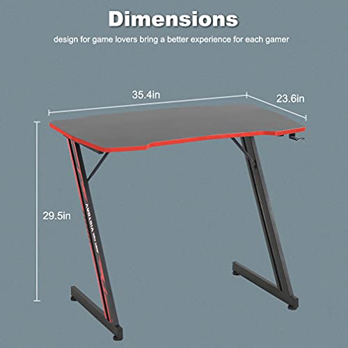 Image of BestOffice Gmaing Desk 35.4in PC Computer Desk Z Shaped Gaming Workstation Ergonomic Gaming Table with Headphone Hook for Home Office, Red