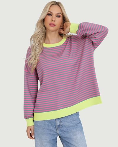 Image of Totatuit Womens Oversized Sweaters Casual Long Sleeve Crewneck Striped Knit Pullover Tops Cute 2025 Fall Sweaters