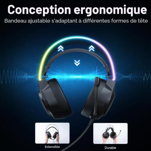 ONITOON Casque de Jeu avec Oreilles de Chat, rétroéclairage RVB pour PC/PS4/PS5/XBOX/Switch avec Micro antibruit - Son Surround virtuel 7.1, Design léger et Bandeau à réglage Automatique, Noir – vue 6
