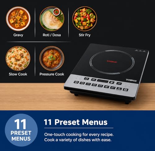 Image of Tower Solace Portable Induction Cooktop 2000W | Single Burner Electric Stove with Touch Control, 11 Cooking Modes & Auto Shut-Off | Energy Efficient | Black