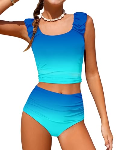 Image of Girls Tankini Swimsuit 2 Piece Bathing Suit Twist Cross Back Cutout Swim Tank Top Floral Print Swimwear for 7-18Y