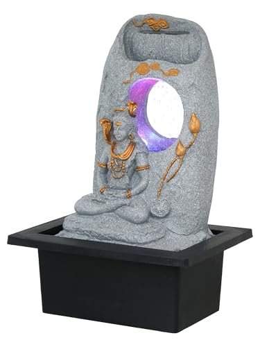 Image of CHRONIKLE Grey Polyresin Tabletop Lord Shiv Indoor Water Fountain for Home Decor with LED, Speed Control Pump (Size: 37 x 28 x 56 CM | Weight: 2900Gram)