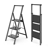 WOA WOA 3 Step Ladder, Ladders for Home, Anti-Slip Pedals, Aluminum Step Stool Foldable, Lightweight to Move, Ease of Storage, Reach 8ft for Closet Kitchen Library, Hold 300lbs - Black
