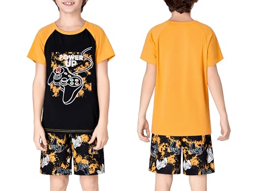 Tebbis 2-Piece Cozy Pajamas For Little/Big Boys Gamer Yellow Short Sleeves Cool PJs Set Kid Size 6-182