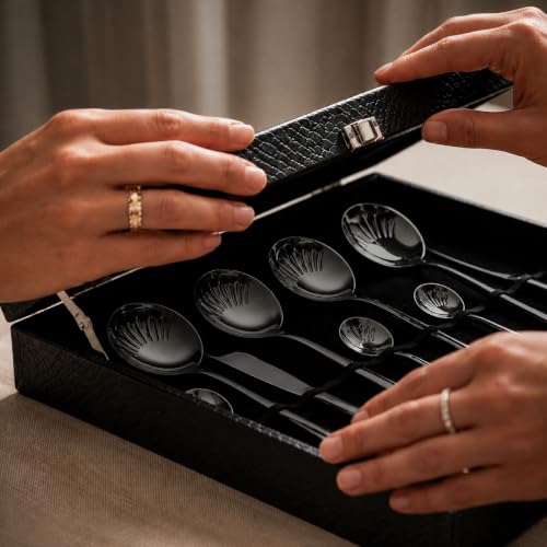 Image of 24-Piece Black Stainless Steel Cutlery Set with Premium Storage Textured Plastic Box | Mirror Finish Flatware for 6 | Dinner Spoons, Forks, Knives & Teaspoons | Luxury Gift Set