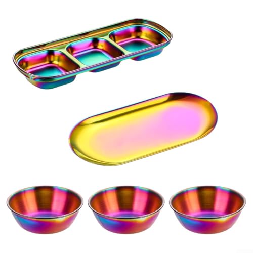Pumixiy Juego de 5 platos de acero inoxidable con bandeja de almacenamiento y cuencos de inmersión para cocina, comedor, fiestas, barbacoas y organización de condimentos (colorido)