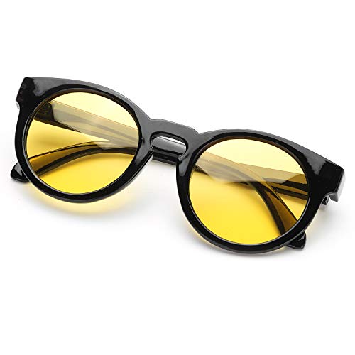 SODQW Gafas de conducción nocturna, lentes amarillas antideslumbrantes, polarizadas, redondas, gafas de visión nocturna, conducción - protección UVA UVB, Black Frame Yellow Lens Cover