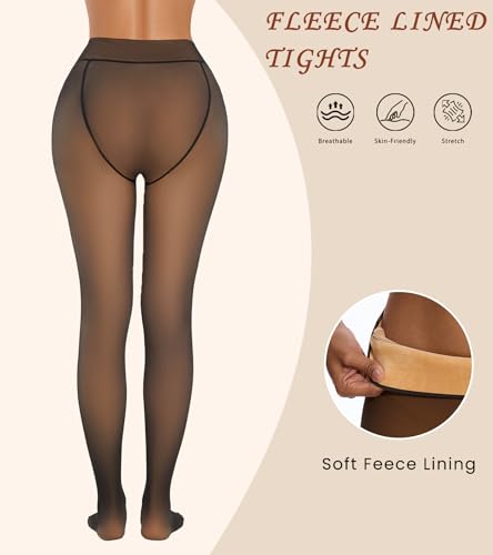 Image of Fleece Lined Tights for Women, Thermal Tights, High Waist Tummy Control Fake Translucent Pantyhose for Winter