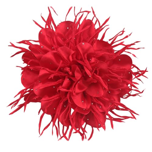 18cm/7in Dainty Spiky Fabric Flower Brooch Pin for Women Elegant Crystal Colorful Pom-Pom Fluffy Floral Peony Brooches Lapel Hair Pins Trendy Party Dress Accessories Jewelry (Red)