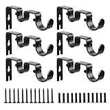 Shonmogar Double Curtain Rod Bracket,6 Pack Metal Curtain Rod Holders for Wall,Sturdy Curtain Rod Brackets for 1 Inch Curtain Rod,Black Wall Mounted Curtain Rod Hooks for Bedroom Living Room Patio
