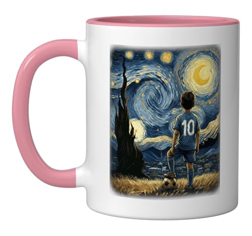 Van Gogh Starry Night Cool Art Team Youth Boys Soccer Player Ceramic Mug, Pink/White