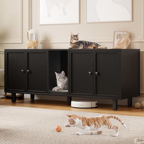 ONBRILL 59 Inches Cat Litter Box Enclosure for 2 Cats, Hidden Litter Boxes Furniture with Cat Scratch Pad, Large Indoor Pet House with Double Room, Wooden TV Stand Side Table, Black