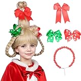 ColorGround Children's BLonde Braided Costume Wig with Red and Green Polka Dot Bows and Red Bead Necklace for Christmas Celebration Party(Blonde)