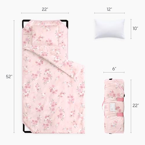 Image of Wake In Cloud - Cot Nap Mat with Pillow and Blanket, 100% Cotton Fabric, for Toddler Kids Girls Ages 3 Plus in Daycare Kindergarten Preschool with Elastic Corner Straps, Floral Flowers