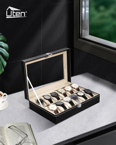 Image of Uten Watch Organizer - 12 Slot PU Case with Glass Lid, Valentine's Day Gift, Watch Display Box with Removable Pillow, Metal Clasp