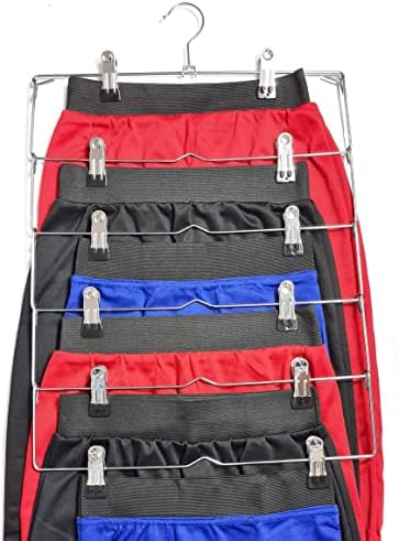 Neusu Space Saving 6 Tier Metal Skirt Hanger with Clips (3pk) - Premium Quality Trouser Hangers with Clips - Rubber Coated Hanger Clips - Adjustable Clips Pants Hanger - Hang Slacks, Trousers, Jeans