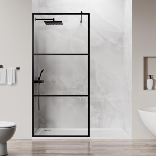 LARWORKS Walk in Shower Door, 40" W x 75" H Fixed Shower Glass Panel, 1/5"(5mm) Tempered Glass Shower Screen for Bathroom, 3 Glass Panels & Adjustable Support Bars - Matte Black
