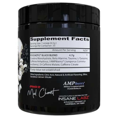 Image of Insane Labz Psychotic Black Edition Mid Stimulant Pre Workout Powder, Energy Focus Pumps, Loaded with Creatine Beta Alanine Taurine Fueled by AMPiberry, 35 Servings (Paloma)