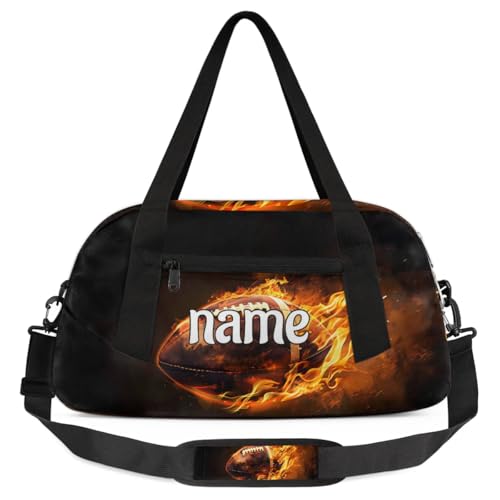 Abstract Burning American Football Custom Name Kids Duffle Bag for Boys, Personalized Sports Gym Duffel Lightweight Water Resistant Foldable Sports Gym Bag Weekender Overnight Sleepover Carry On Bag