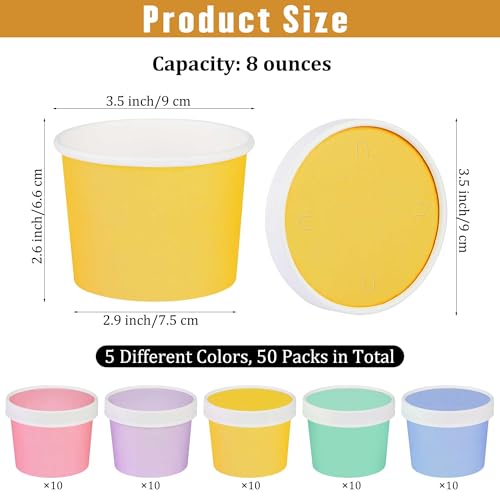 Image of Ruisita 50 Pack Disposable Bowls with Lids 8 oz Paper Cups Ice Cream Containers with Lids Leak-proof Soup Bowls Dessert Sundae Cups Cold or Hot Food for Birthday Picnic School Party Supplies, Pastel